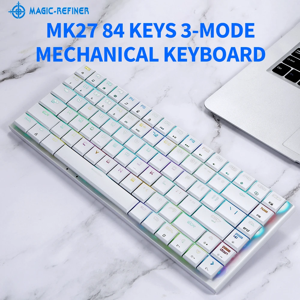 Magic-Refiner MK27 84 клавиши, трехрежимная механическая клавиатура, поддержка RGB-клавиатуры, проводное подключение 2.4 G/BT/USB, синие переключатели