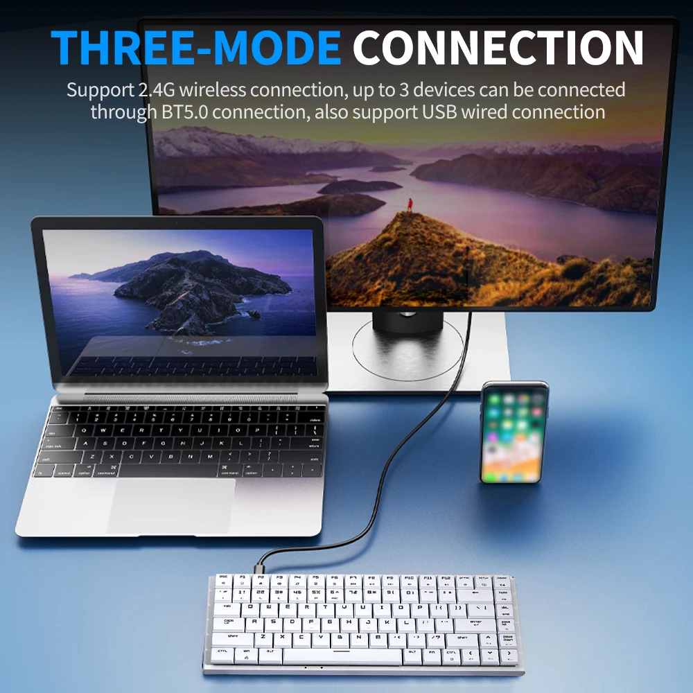 Magic-Refiner MK27 84 клавиши, трехрежимная механическая клавиатура, поддержка RGB-клавиатуры, проводное подключение 2.4 G/BT/USB, синие переключатели