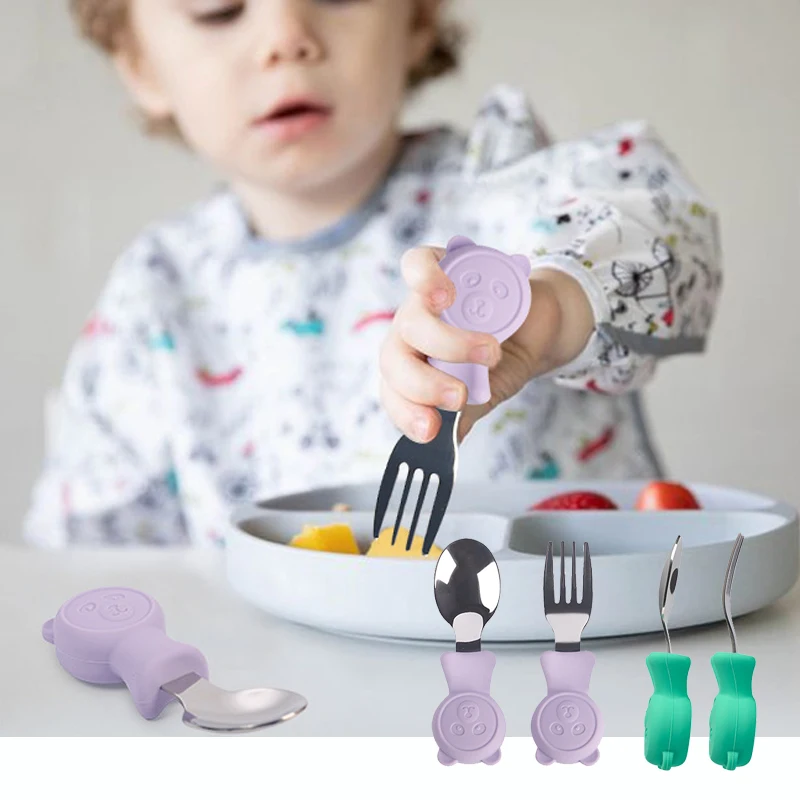 Набор детских ложек-вилок с ручкой в виде милого мультяшного Медведя, защита от падения, набор посуды для малышей, детское питание, Обучающая столовая посуда
