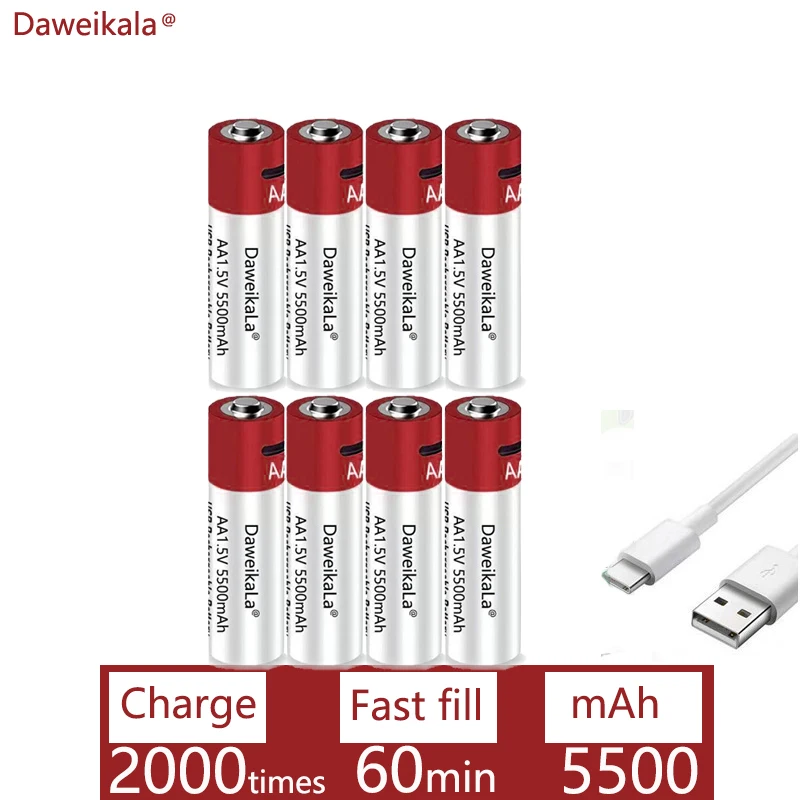 Daweikala Новый AA USB перезаряжаемый Литий-ионный аккумулятор 1,5 В AA 5500 мАч/Литий-ионный аккумулятор часы для игрушек MP3-плеер термометр клавиатура