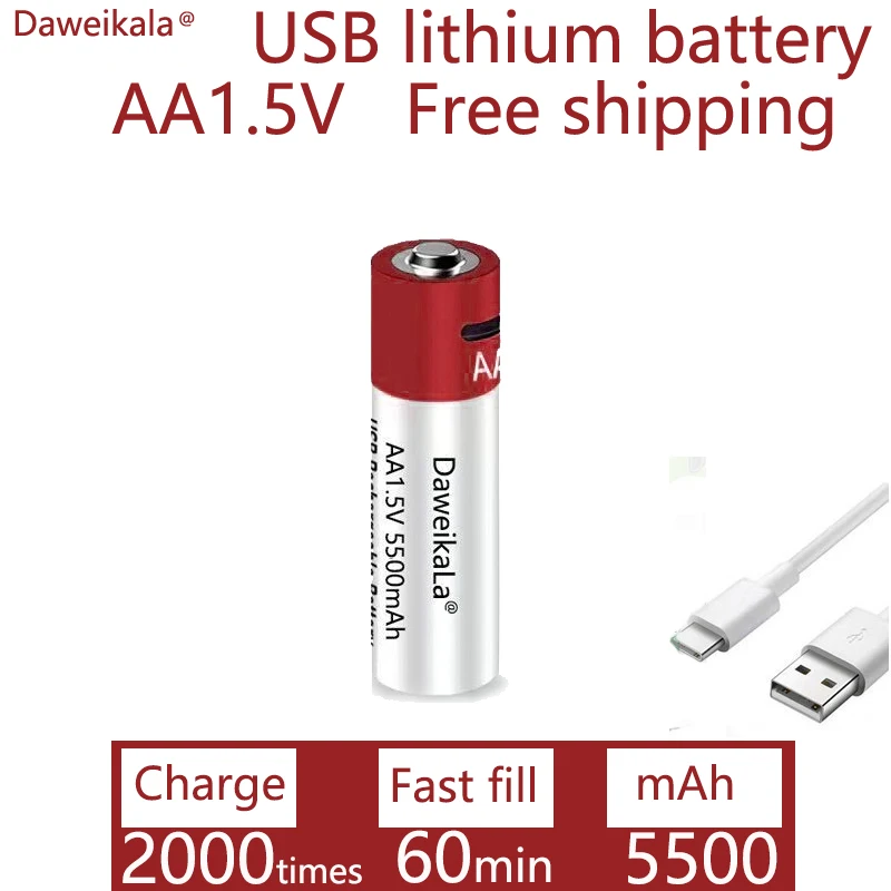 Daweikala Новый AA USB перезаряжаемый Литий-ионный аккумулятор 1,5 В AA 5500 мАч/Литий-ионный аккумулятор часы для игрушек MP3-плеер термометр клавиатура