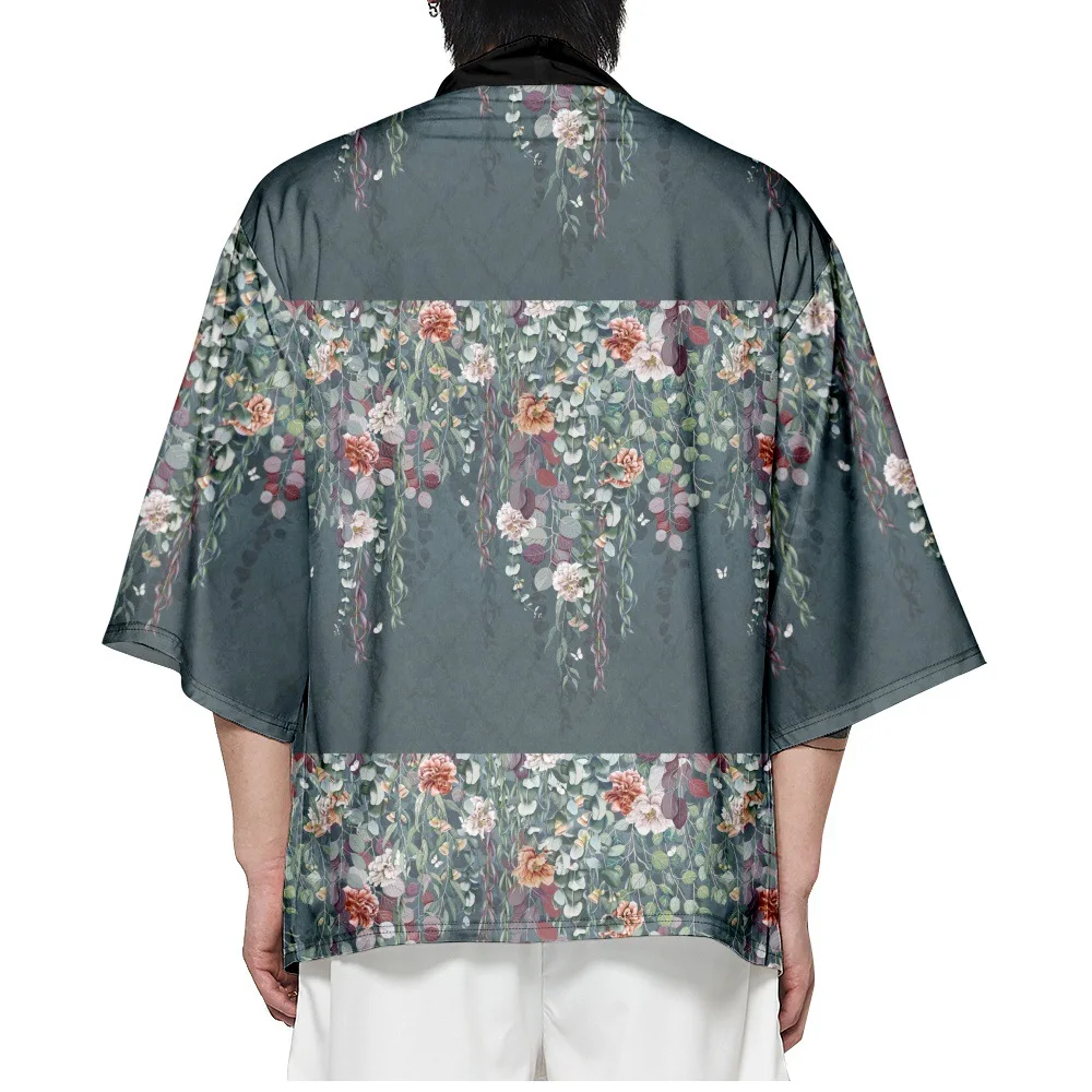 Модное Кимоно с цветочным принтом, уличная одежда, мужской Женский кардиган, Хаори, летняя пляжная традиционная азиатская одежда