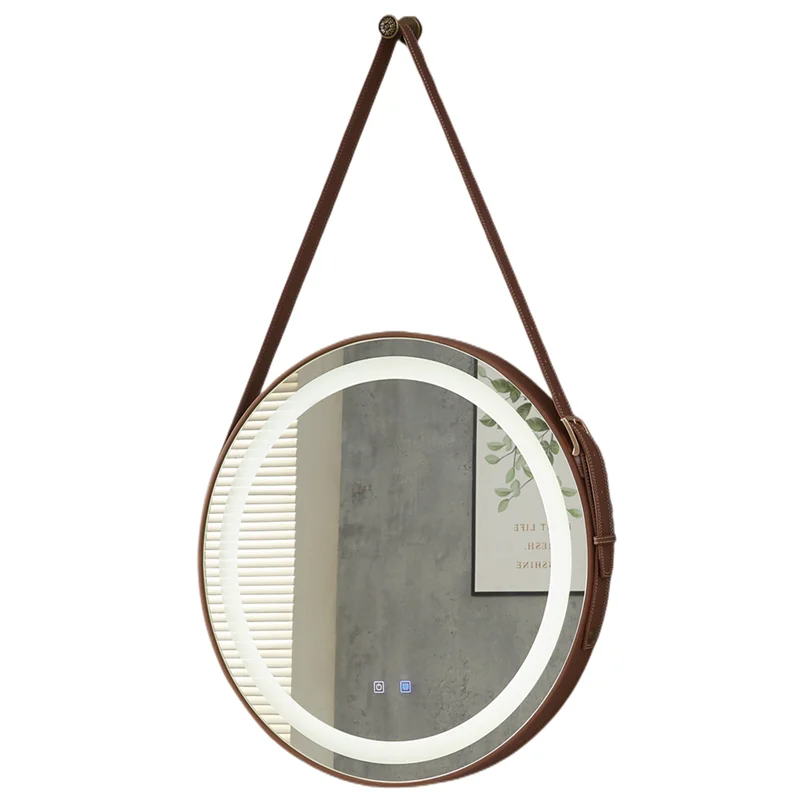 Круглое настенное декоративное зеркало с кожаным ремнем премиум-класса для ванной комнаты
