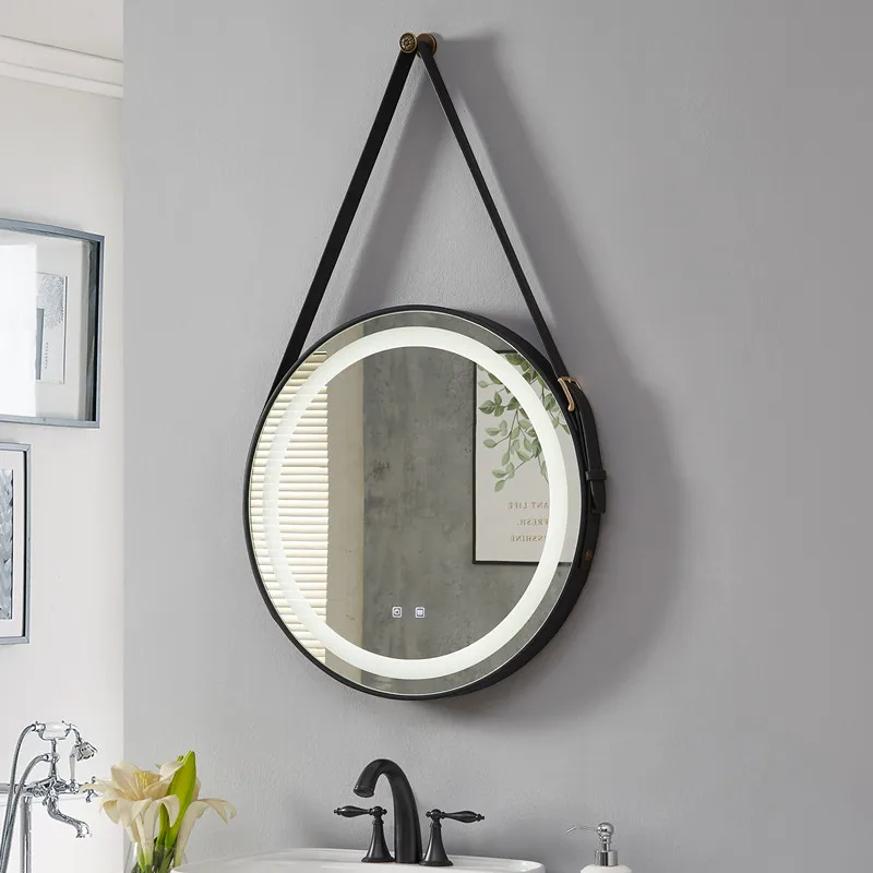 Круглое настенное декоративное зеркало с кожаным ремнем премиум-класса для ванной комнаты