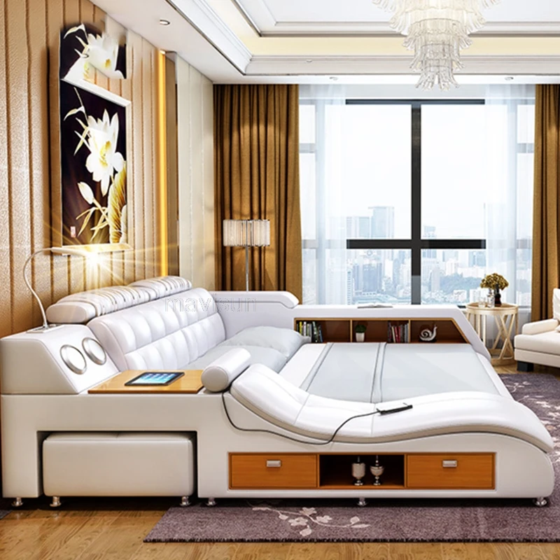 Кожаная свадебная кровать в главной комнате, массивный деревянный каркас, умная мебель для дома, спальный гарнитур итальянского дизайна, массажные принадлежности
