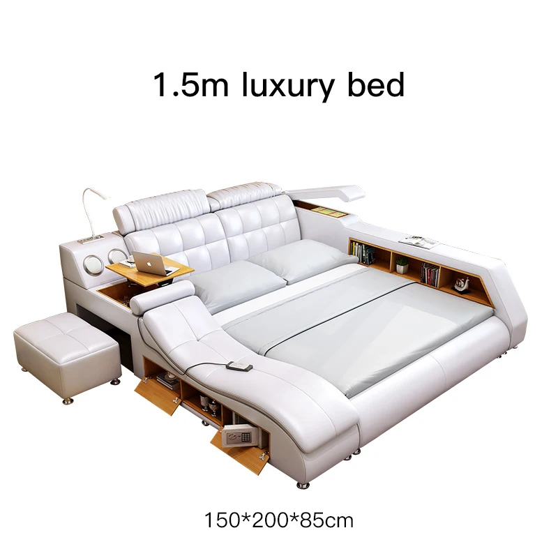 Кожаная свадебная кровать в главной комнате, массивный деревянный каркас, умная мебель для дома, спальный гарнитур итальянского дизайна, массажные принадлежности