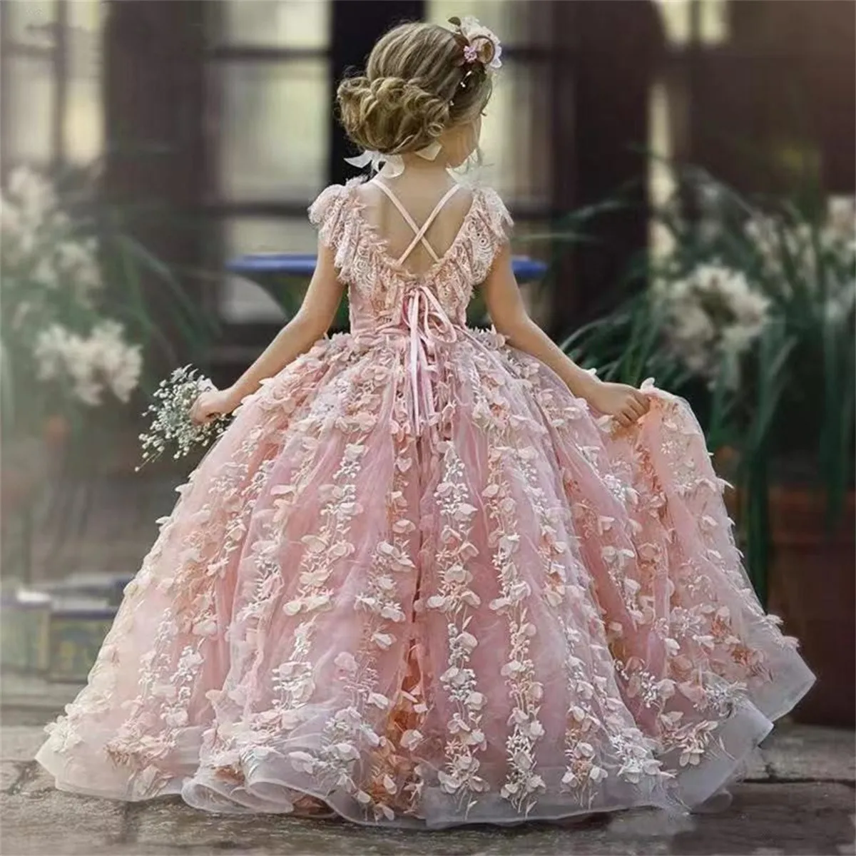 Изысканное розовое бальное платье для девочек в цветочек, свадебное платье с 3D цветочными аппликациями для малышей, праздничное платье для Первого причастия без рукавов