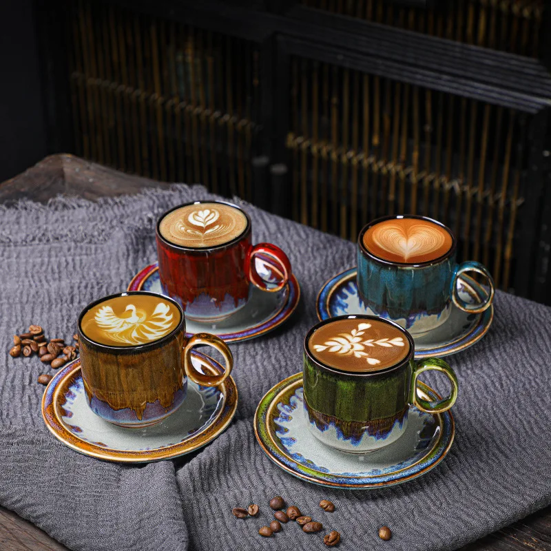 Набор керамических кофейных чашек и блюдец объемом 150 мл, чайные чашки с печной глазурью, набор чашек для эспрессо из радужной керамики Оптом