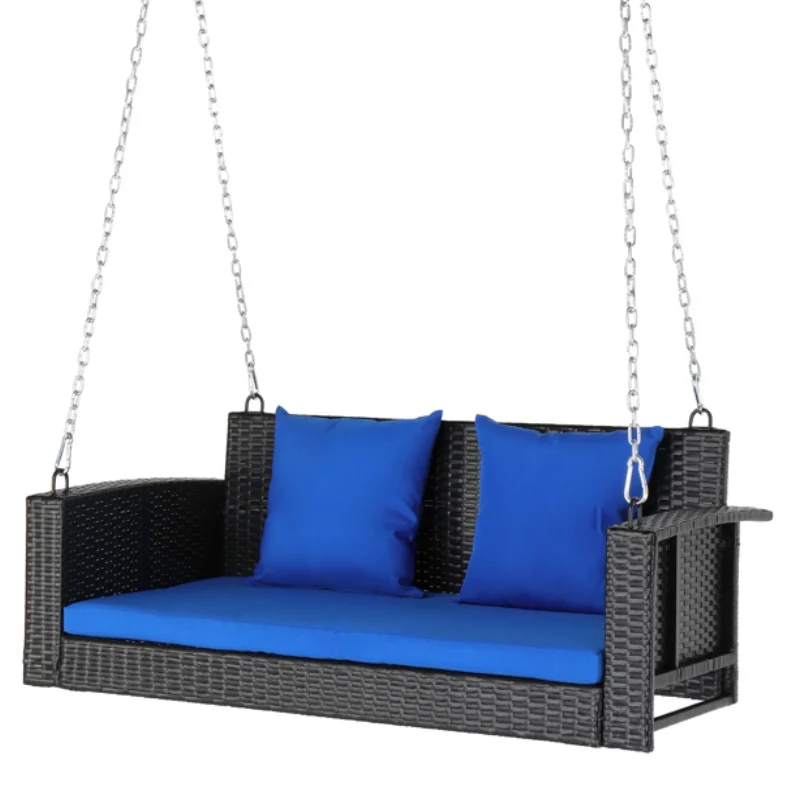 49 дюймов Черный ротанг, синяя подушка, кресло-качели из ротанга (рамы для качелей в комплект не входят)