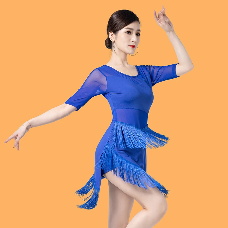 Платье для латиноамериканских танцев, сексуальное Тренировочное платье со Средними рукавами и кисточками, Профессиональная Национальная Стандартная одежда для латиноамериканских танцев DQL8313