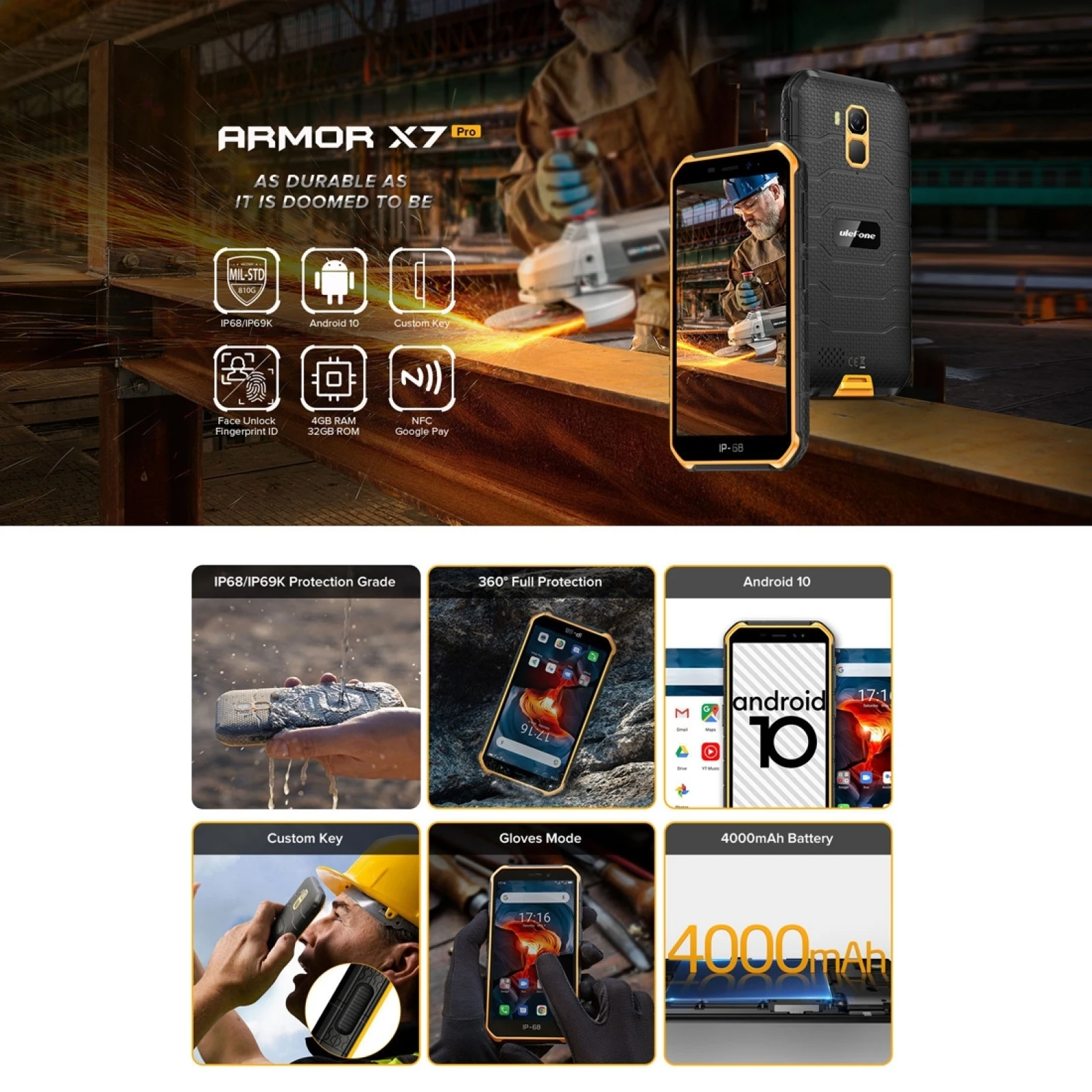 Ulefone Armor X7 Pro IP68 Водонепроницаемый Мобильный Телефон Android10 4G 5,0 ' 4 ГБ + 32 ГБ 4000 мАч 13 МП Камера заднего вида для разблокировки лица Смартфон
