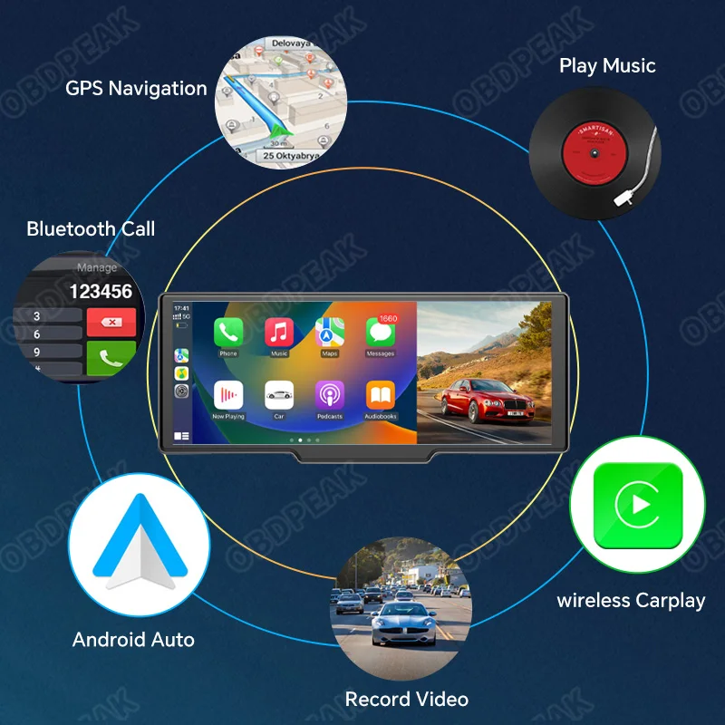 Автомобильные мониторы OBDPEAK Carplay Android Автоматическое Беспроводное подключение Автомобильные видеоплееры GPS AUX Камера заднего вида 2.5K Автомобильный видеорегистратор Tesla Модель 3/Y