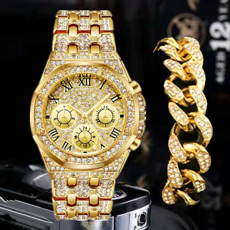Мужские часы Iced Out от хип-хоп рэпера, выложенные стразами Iced Out, 12 мм, Кубинская цепочка Miami Curb, ожерелья с фианитами для мужских украшений