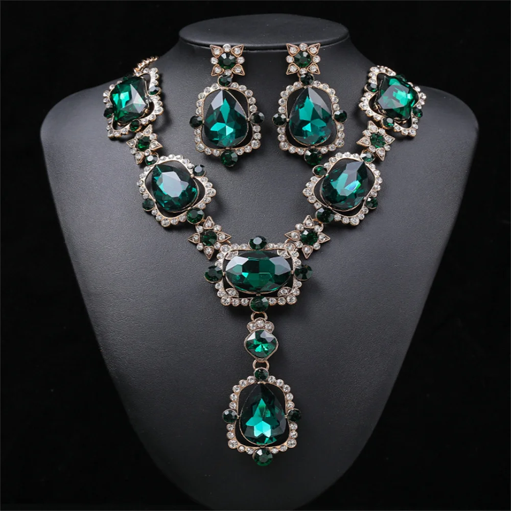 Великолепное зеленое Красное ожерелье с большим кристаллом, серьги, ювелирный набор, Роскошный Преувеличенный женский подарок на День Святого Валентина