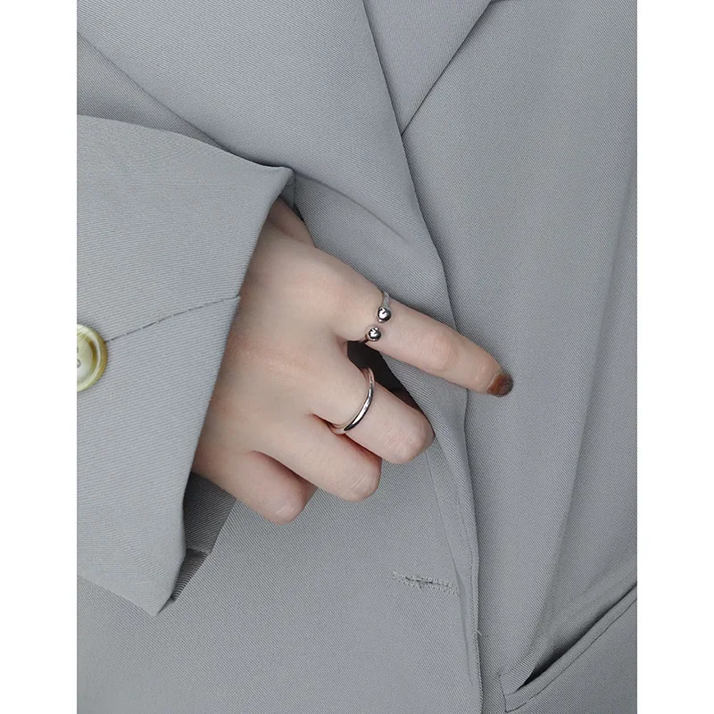 Маленький и роскошный дизайн, минималистичный и универсальный, открытое кольцо с двойной бусинкой, женское кольцо из стерлингового серебра 925 пробы