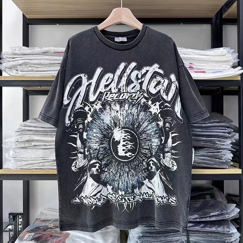Модная уличная винтажная футболка Hellstar с принтом старого алфавита, мужская женская футболка с коротким рукавом HELLSTAR, реальные фотографии
