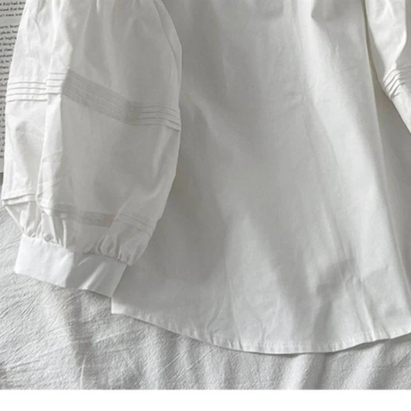 Женская одежда 2023, Весна, Офисная леди, поло, пуговицы, лоскутное шитье, длинный рукав, Модная белая рубашка с пышными рукавами, универсальная Свободная белая рубашка