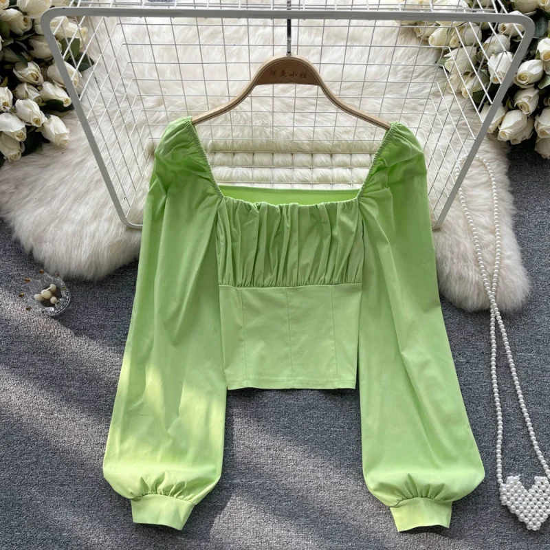 Летние Корейские модные укороченные топы 2023, женские сексуальные тонкие блузки, женская одежда, короткий топ с пышными рукавами, Высококачественные плиссированные блузки