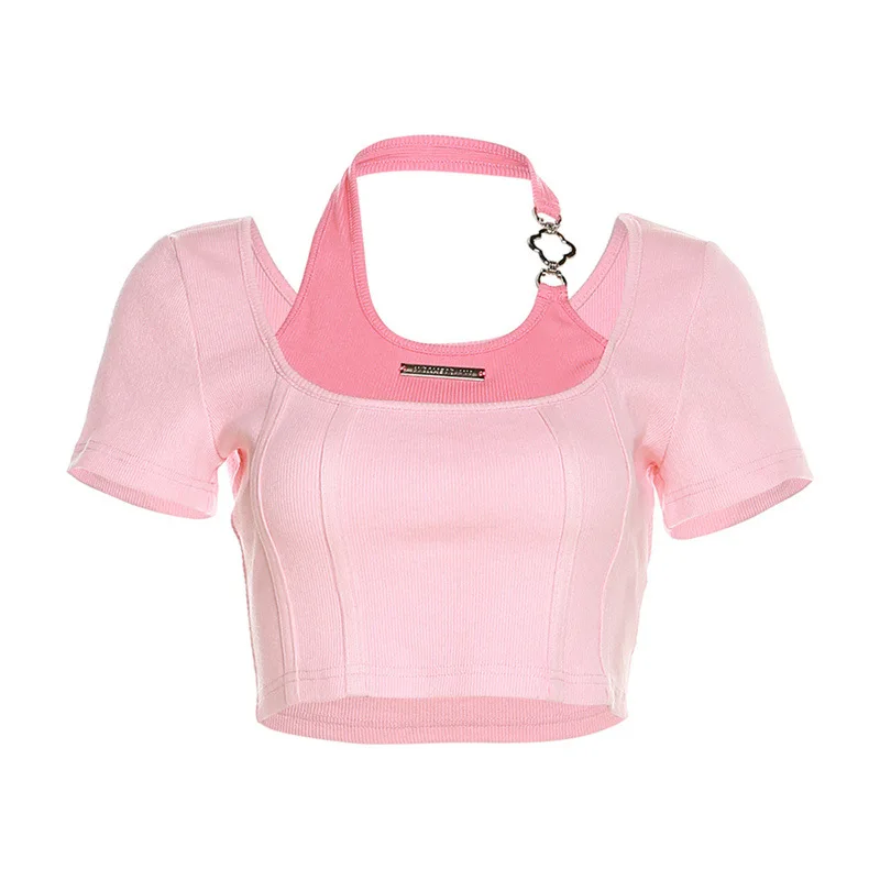 Женский Розовый Черный укороченный топ Y2K, Короткий Тонкий Гранж, Эстетичная футболка Harajuku с коротким рукавом, винтажные летние футболки Kawaii