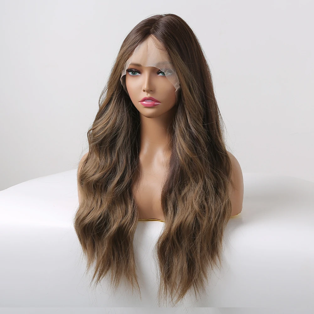 Длинный волнистый парик в средней части для женщин, омбре, коричневое кружево, Парик для ежедневного использования на вечеринках, натуральные Мягкие синтетические волосы высокой плотности, термостойкие