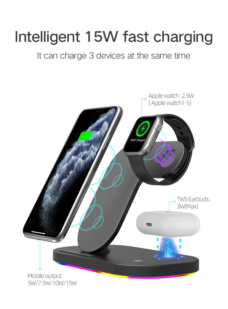 Беспроводная Зарядная Подставка 4 В 1 Для iPhone 14 13 Pro Max Apple Watch 8 7 Samsung 5/4 Active 2/1 Buds 30 Вт Док-станция Для Быстрой Зарядки