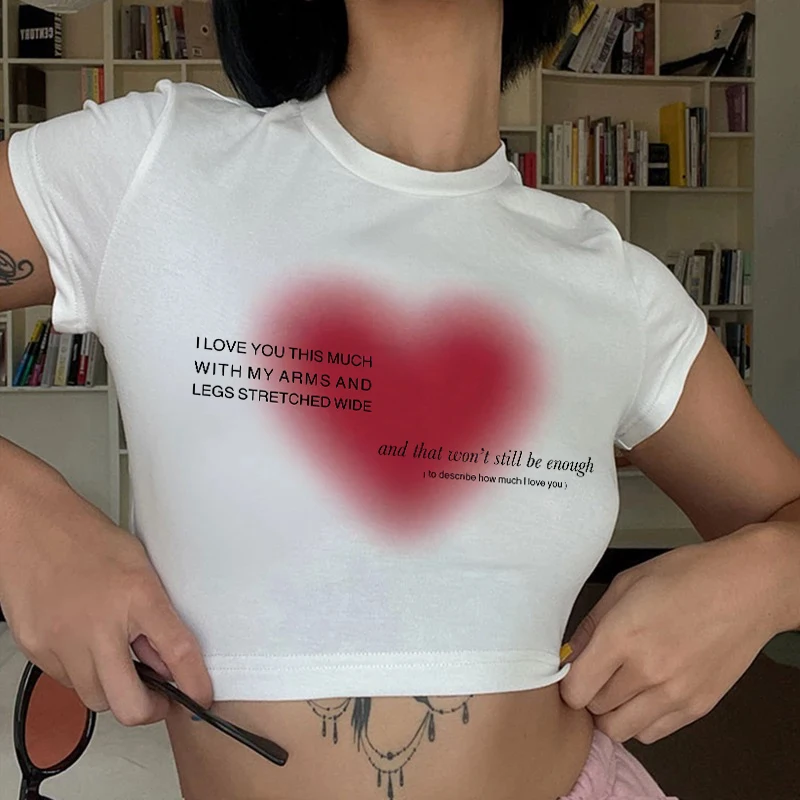 Эстетическая женская футболка с принтом сердца, аниме, буквы каваи, укороченные топы, летние футболки с коротким рукавом, 90-е, kpop grunge, женская одежда y2k